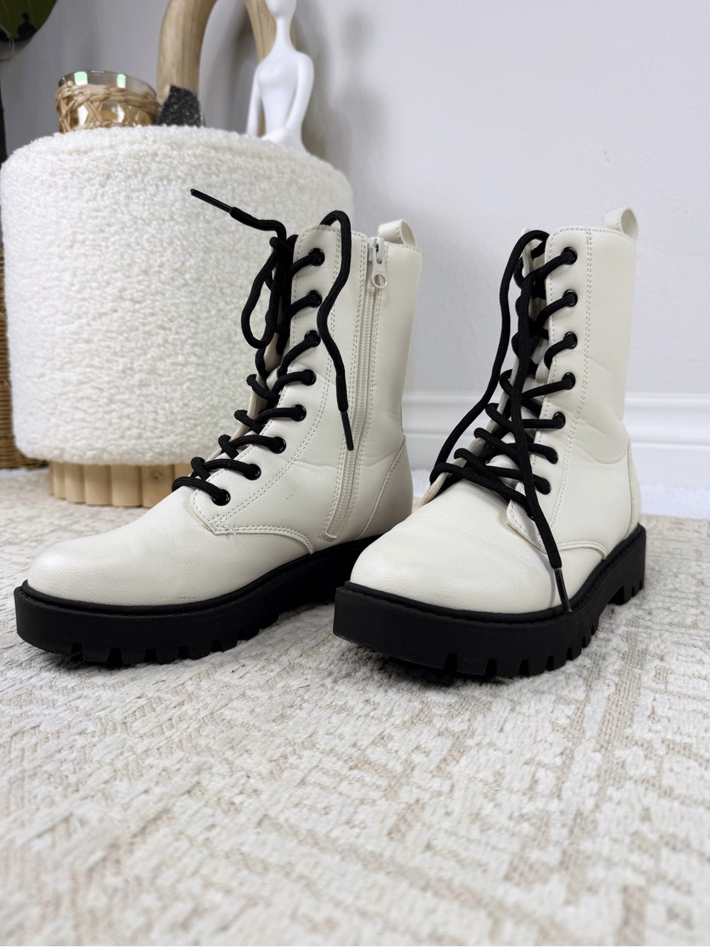 NEW art class White Combat Boots with Black Laces and Lug Sole for girls